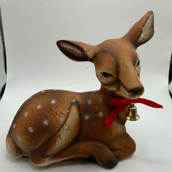 Vintage Porcelain Resting Fawn Baby Deer Figurine Red Bows Gold Bell  5” - Picture 2 of 5